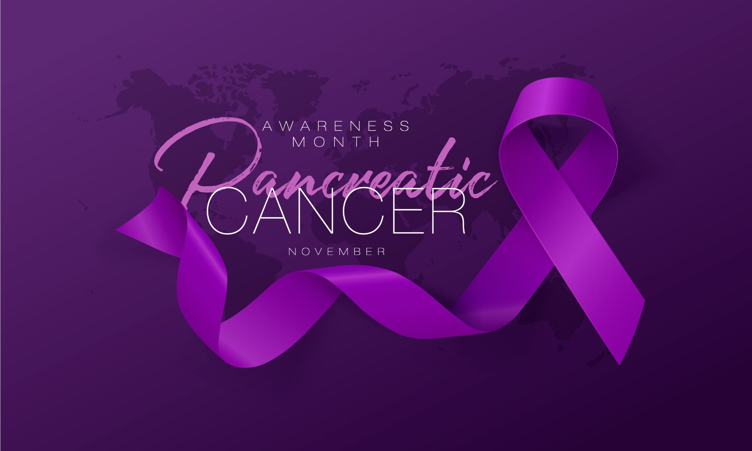 Pancreatic Cancer Awareness Calligraphy Poster Design. Realistic Purple Ribbon. November is Cancer Awareness Month. Vector Illustration