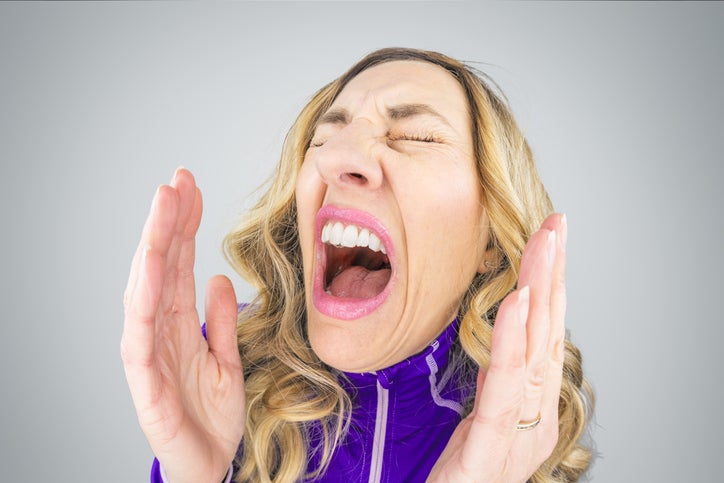 Middle Aged Woman Mid Sneeze with Eyes Closed Fisheye Humor 
