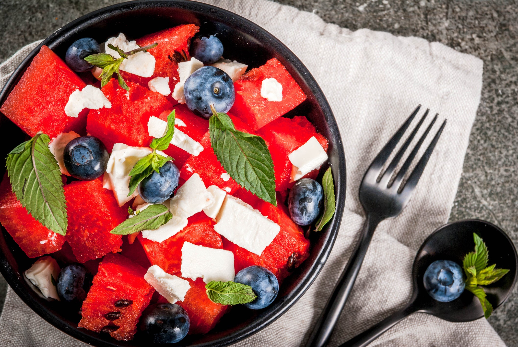 Watermelon salad with feta, mint, blueberry