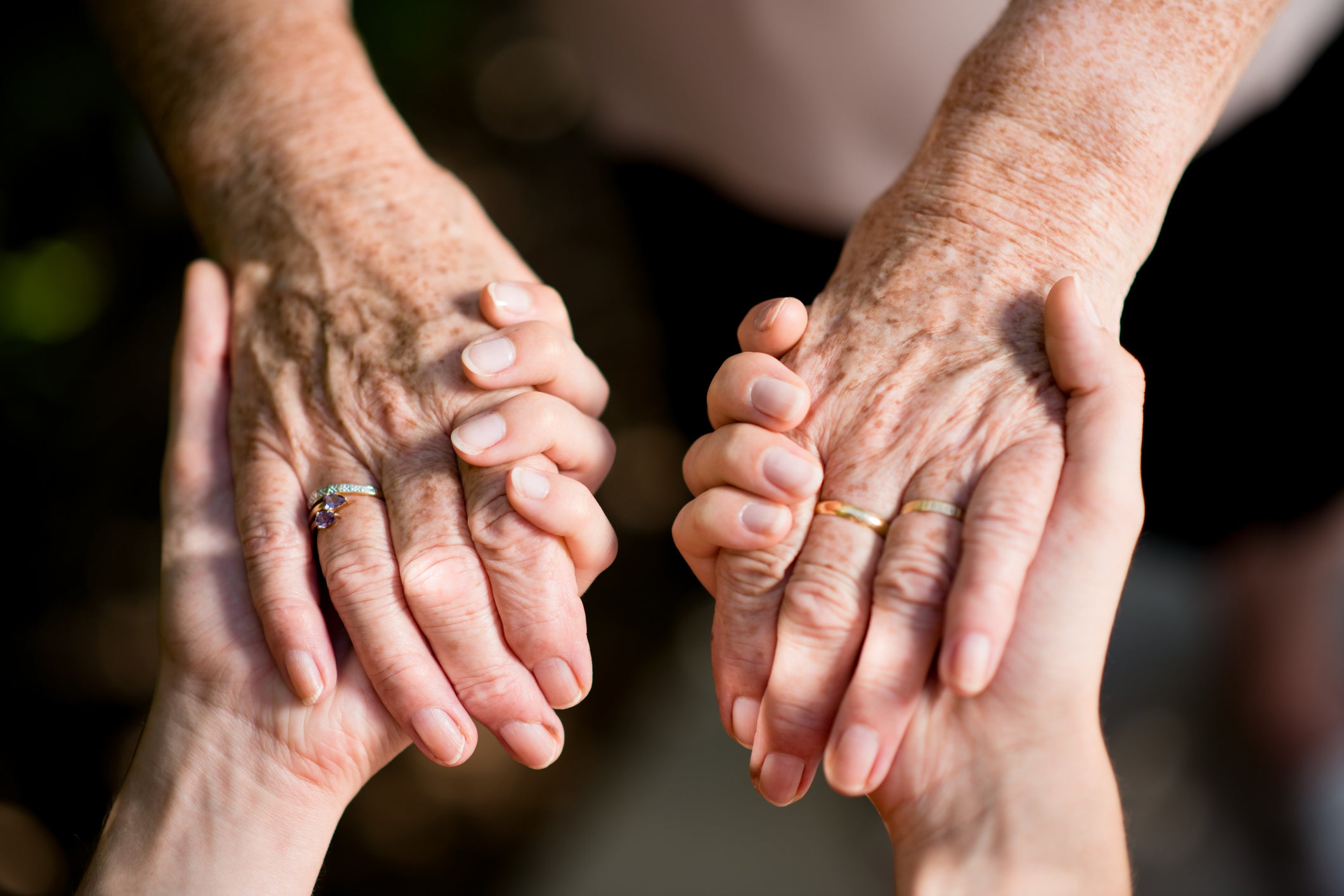 closeup young woman hand holding tenderness elderly senior person hands