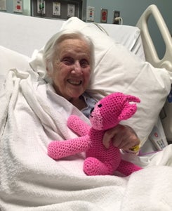 Roseanna at 100 years old was thrilled to receive this crocheted bear.